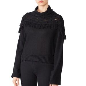 Rachel Zoe Size XS Andie Knit Sweater Black Wool Mock Neck Fringe Long Sleeve